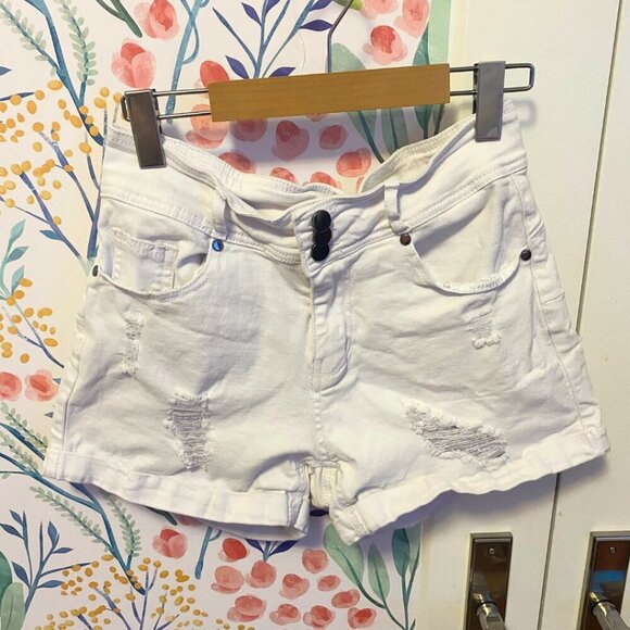 High-Waisted White Distressed Denim Shorts – Button Fly, Size M - Picture 2 of 6
